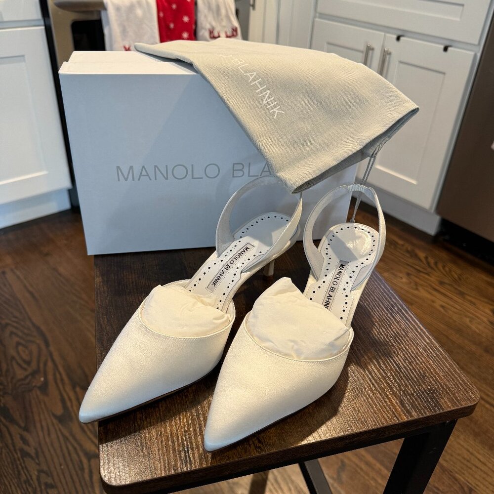 Designer White Satin Slingback Pumps